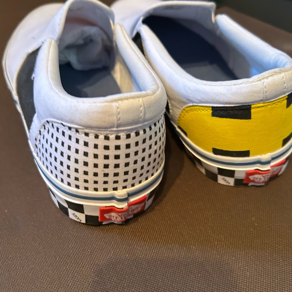 Vans Checkerboard Slip-On Sneakers - Black, White, Yellow Hand Paited